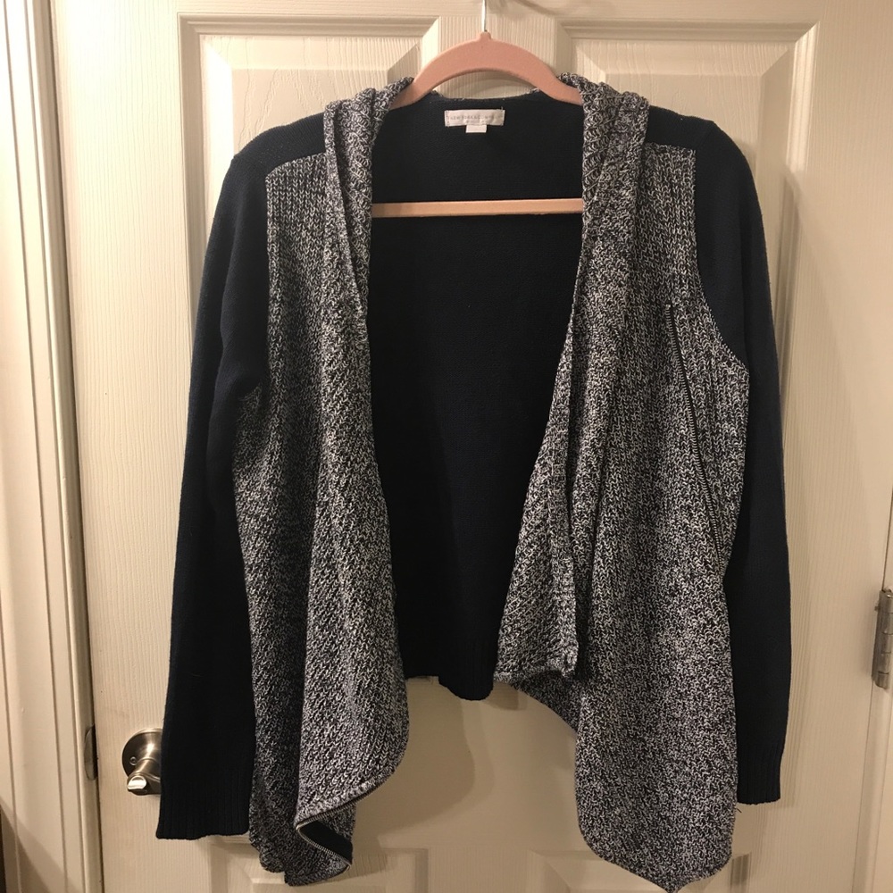 Asymmetrical Navy Blue Cross-Knit Sweater